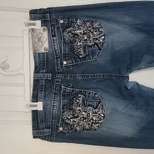 MISS ME MID RISE EASY BOOT JEANS PANTS DENIM SIZE 32 BLING FLEUR DE LIS